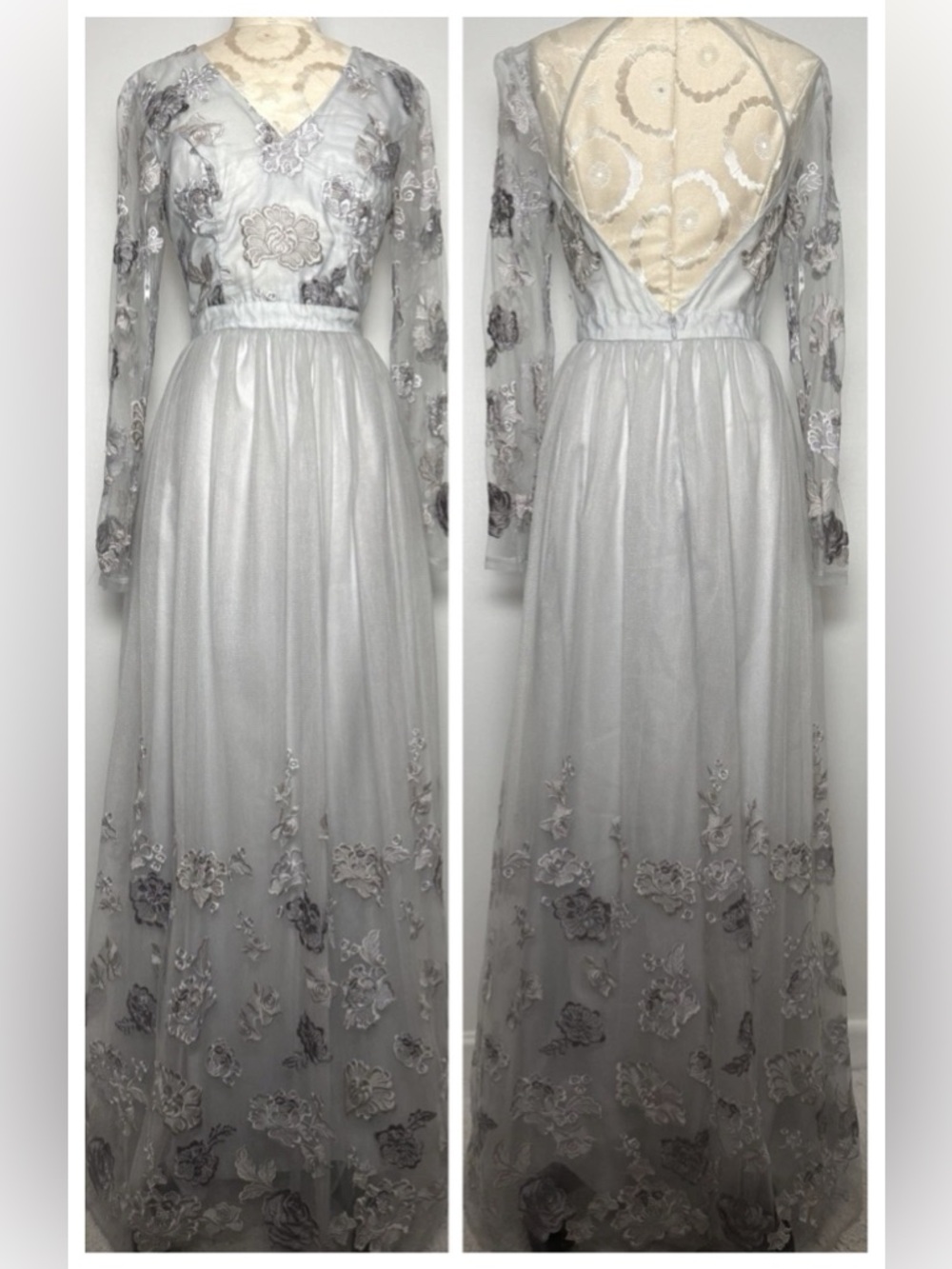 Chi Chi London Silver Embroidered Gown Tulle Open Back Prom Formal Dress US 6